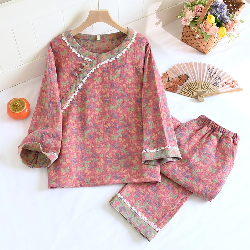 翻领睡衣女士宽松全棉双层纱布空调服长款家居服