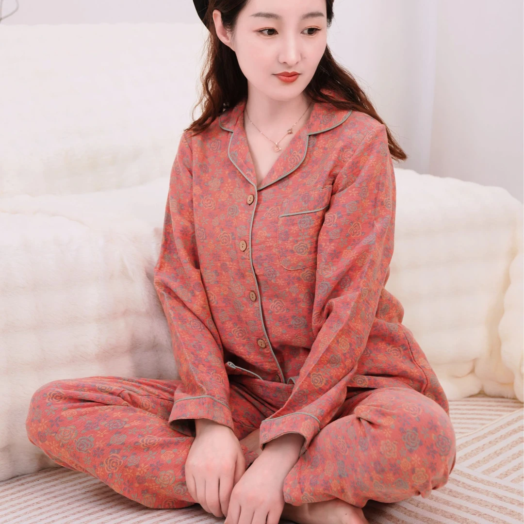 睡衣女士寬漎全眠双层纱布秋冬长款家居服博