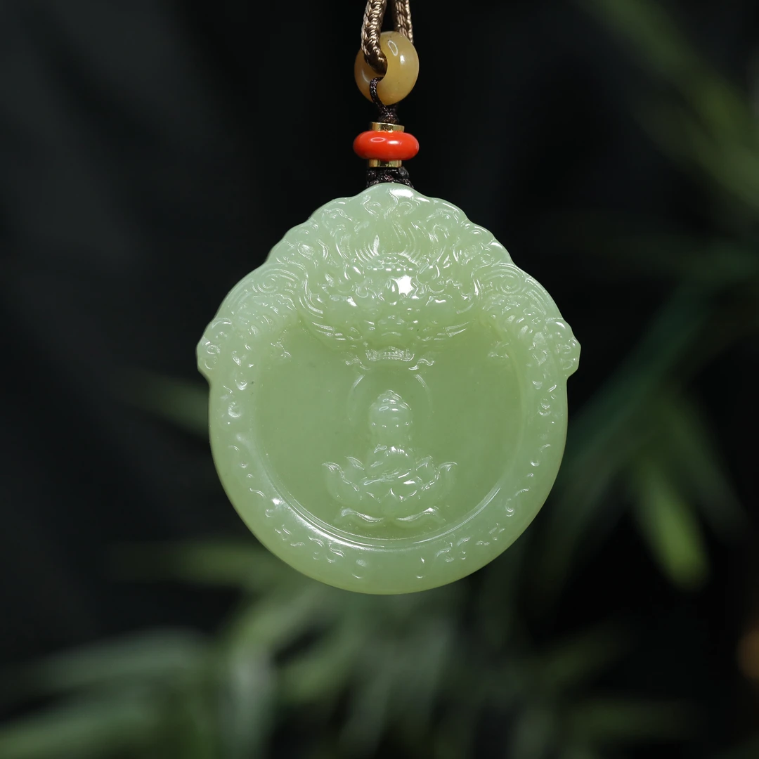 预售新疆和田玉绿黄神龙护法RB241892尺寸约49*52mm