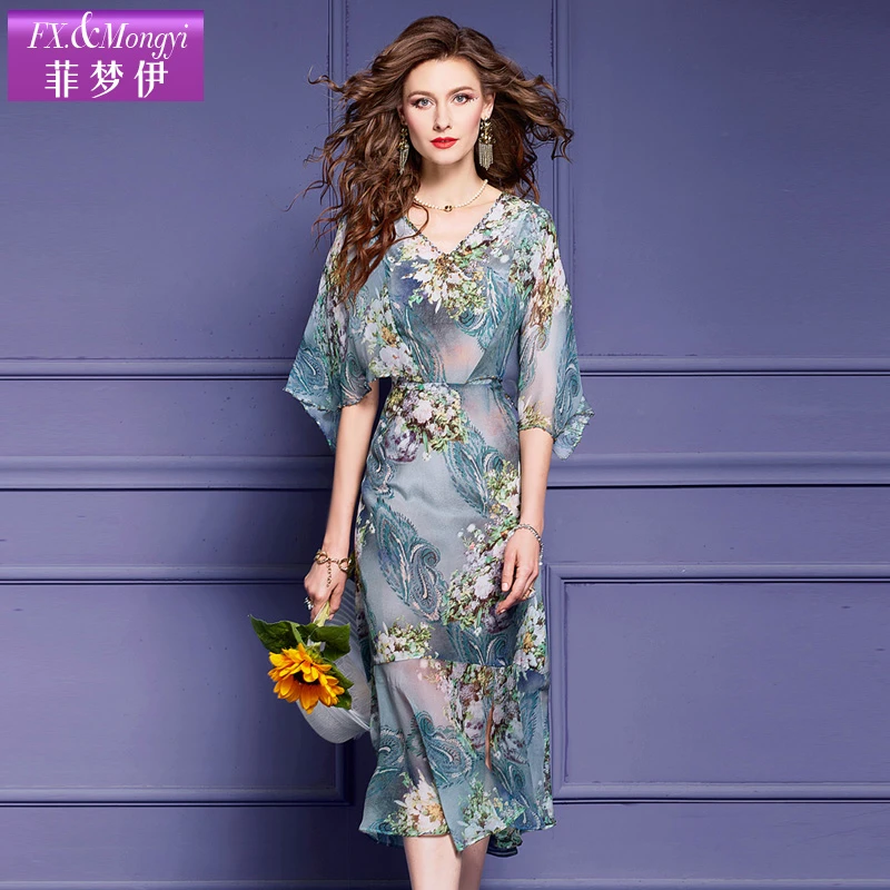 菲梦伊新款100%桑蚕丝连衣裙气质V领时尚印花显瘦裙子51530
