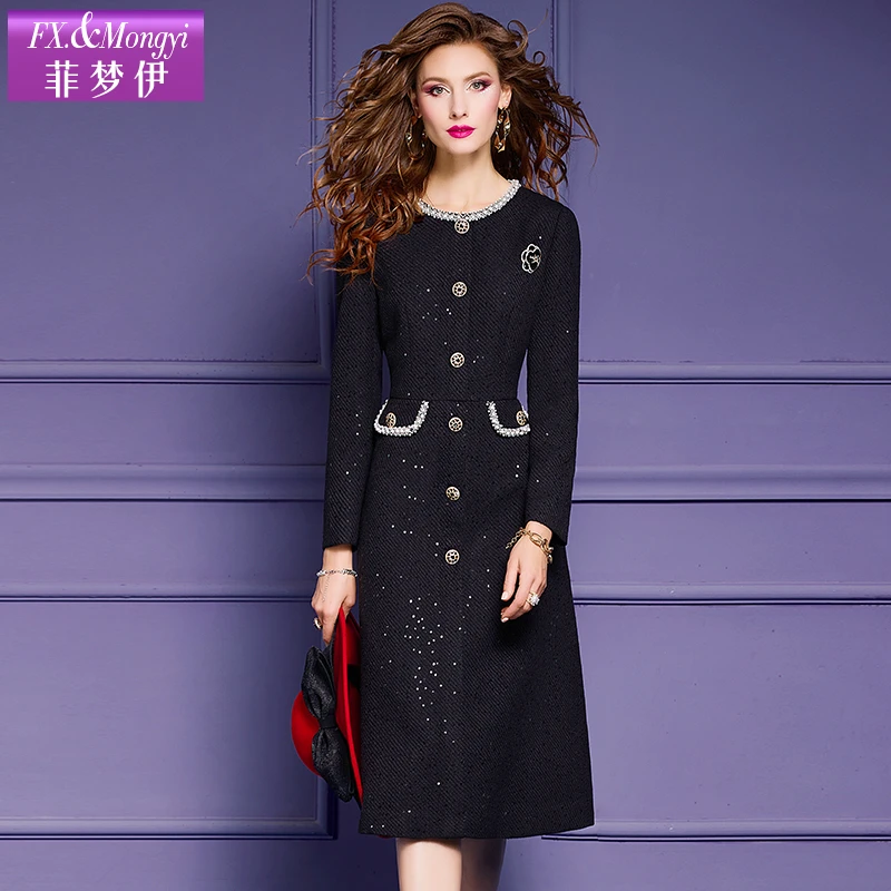 菲梦伊小香风连衣裙女冬季高级名媛加厚修身亮片中长款A字裙54025