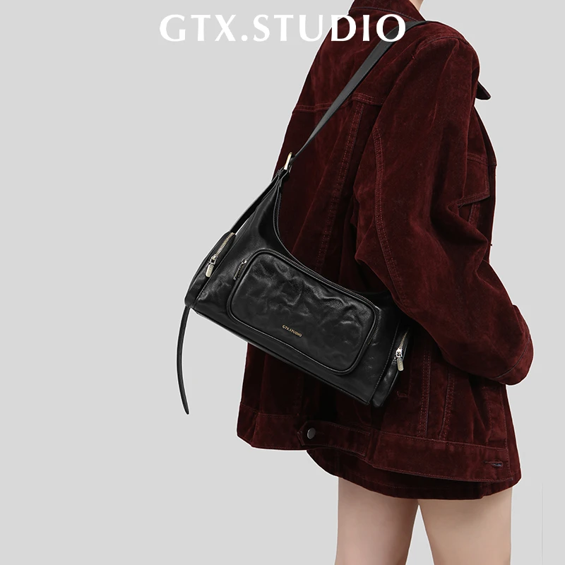 【谷田西】秋冬原创复古机车包女大容量高级感多口袋牛皮机能风斜挎