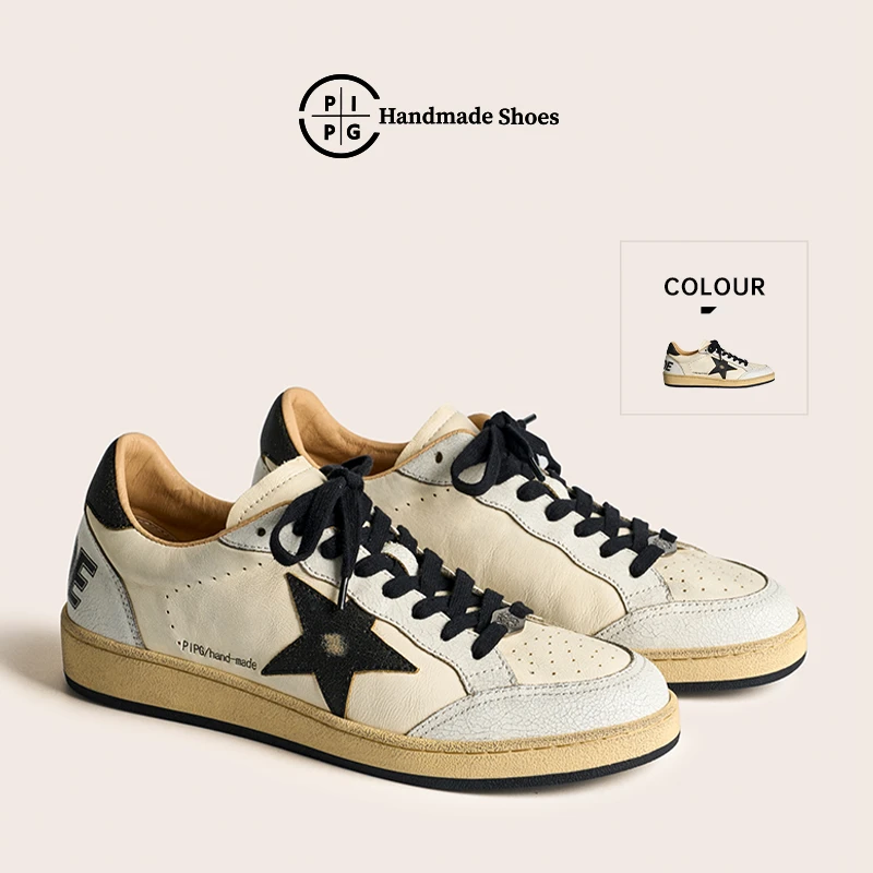 PIPG手工复古擦色脏脏鞋星星头层牛皮板鞋做旧小白鞋真皮休闲厚底