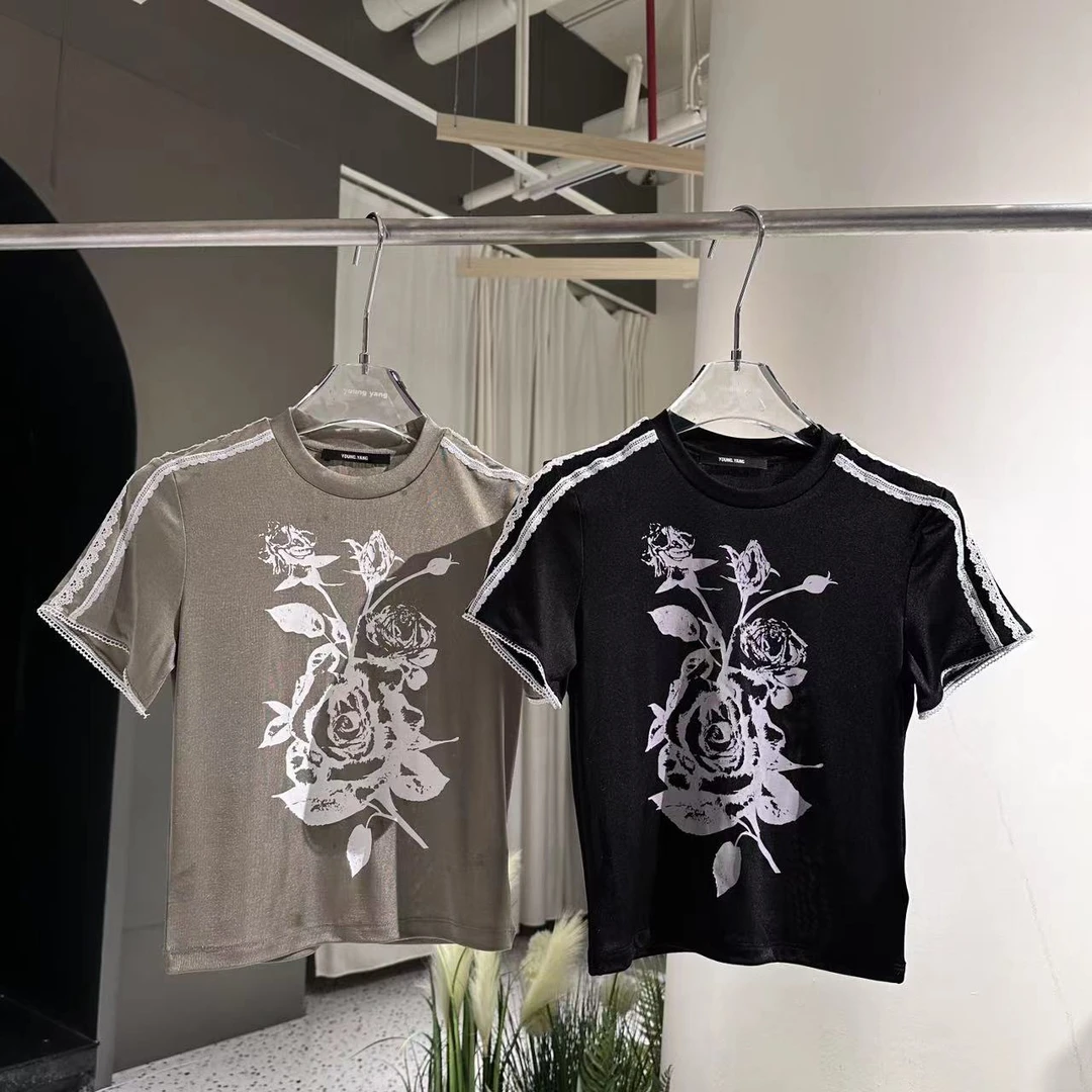 玫瑰花印染蕾丝拼接显瘦T恤23769