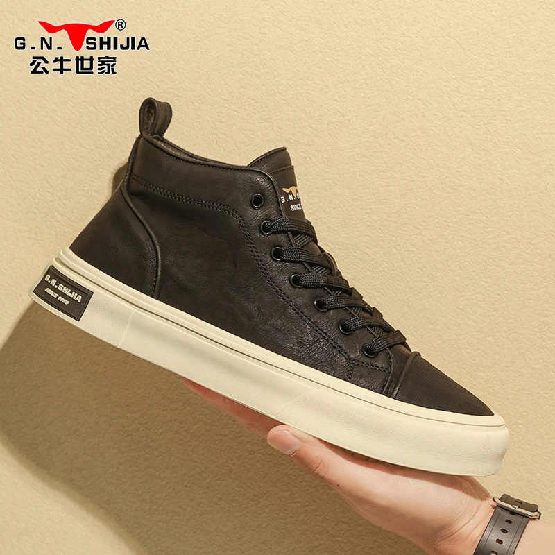 公牛世家男鞋春季新款休闲百搭男士板鞋时尚潮流青少年中帮鞋潮鞋