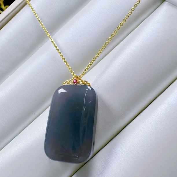 【禾氏碧玉】和田玉18K金镶烟紫玉无事牌吊坠（和田玉吊坠，赠链子）