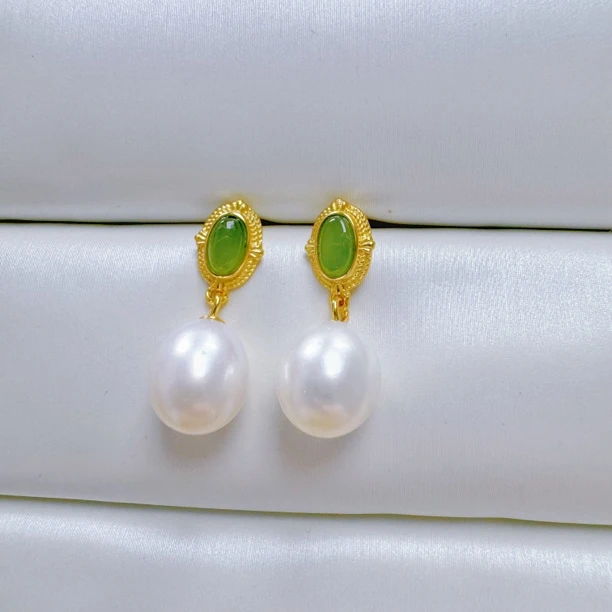 【禾氏碧玉】和田碧玉珍珠耳坠款耳饰（和田玉耳饰）