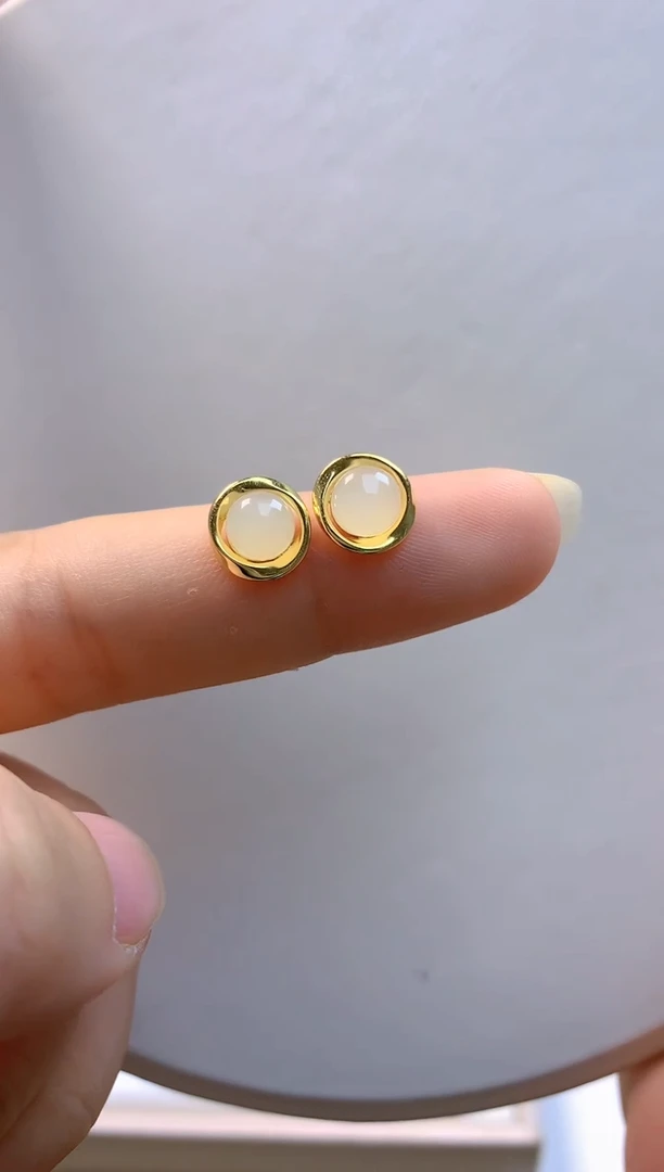 【闪购商品】和田玉耳钉银S925镀金镶嵌蛋面