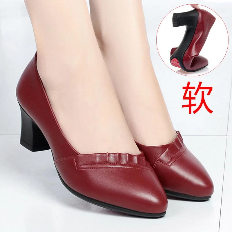 软底中老年红色妈妈鞋单鞋鞋专用高跟粗跟女士布鞋皮鞋女鞋春秋