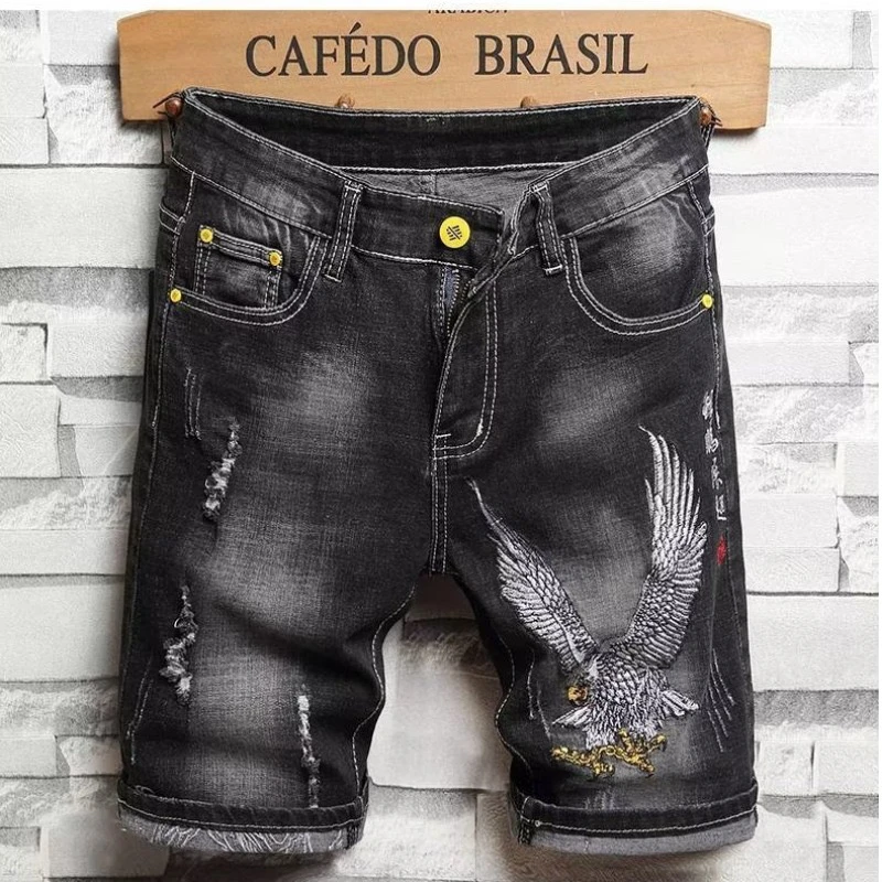 潮流牛仔裤短裤爆款2024新款潮牌夏季个性休闲修身刺绣五分裤子男