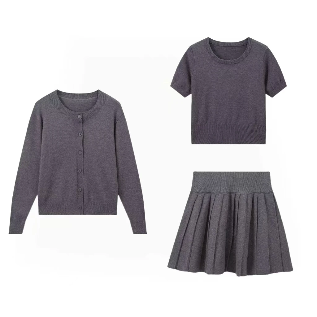 学院风针织套装女秋冬气质开衫+打底衫+百褶裙三件套