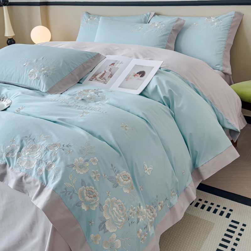 品牌家纺轻奢小清新100%纯棉四件套全棉被套绣花床单床笠床上用品