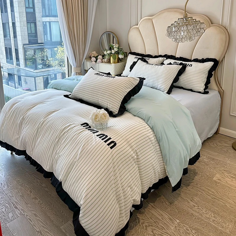 水星家纺适用法式小香风纯棉四件套全棉床单被套床笠刺绣床上用品