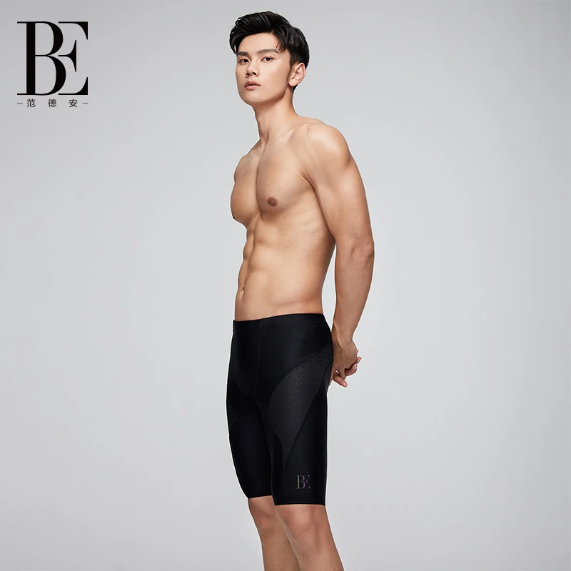 BE范德安男士男款泳裤舒适舒适抗氯防尴尬健身骑士黑布纹细腻高弹