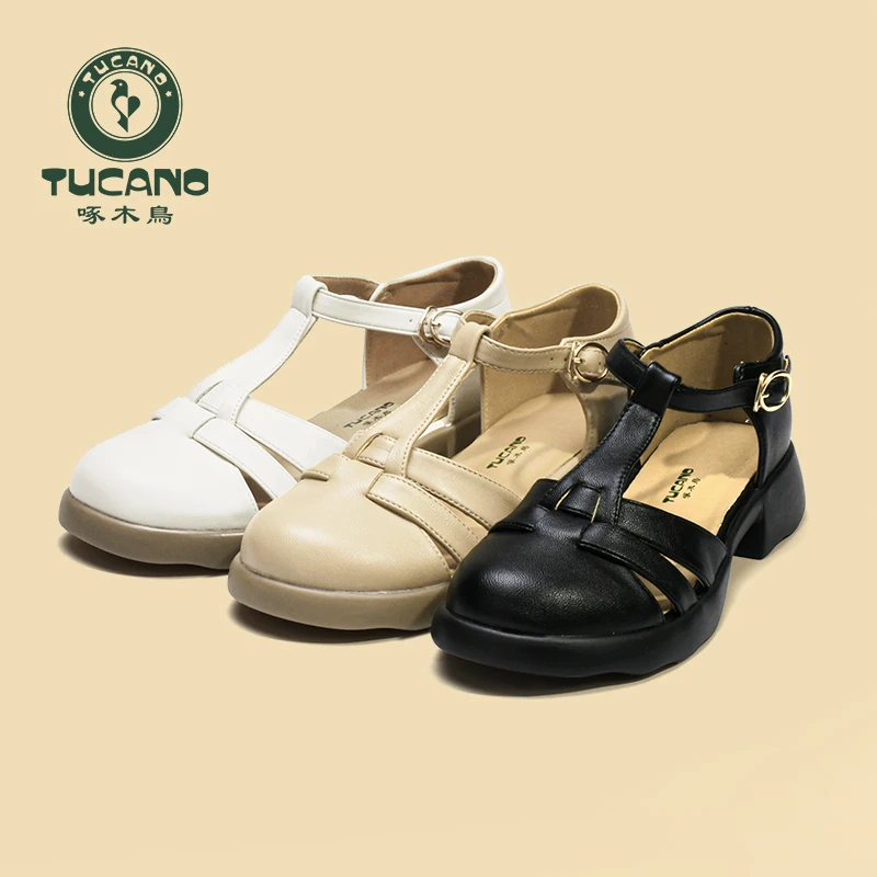 啄木鸟凉鞋玛丽珍软底粗跟浅口圆头女鞋