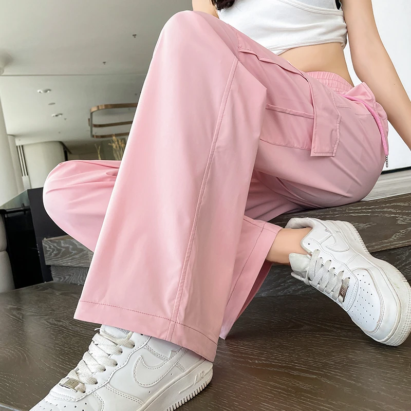 粉色美式工装裤女夏薄款2023年新款高腰宽松阔腿裤休闲速干运动裤
