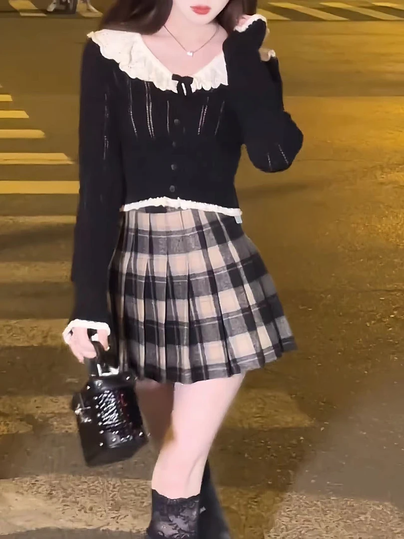 美式学院风撞色拼接木耳边针织衫女秋季高腰百褶格子短裙两件套