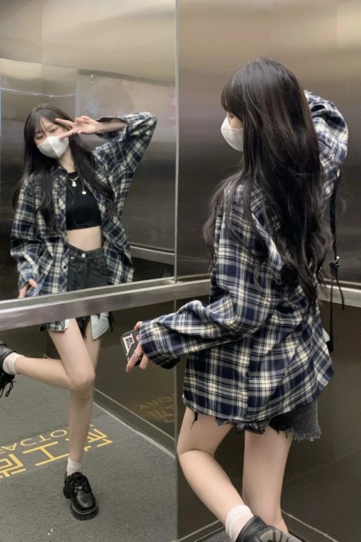 幂式穿搭格子衬衫女慵懒风复古宽松衬衣开衫外套长袖上衣春秋季