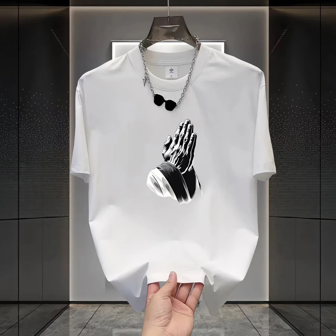 NiuXiWei/纽西威夏季短袖男潮流双手合十印花百搭宽松半袖打底衫