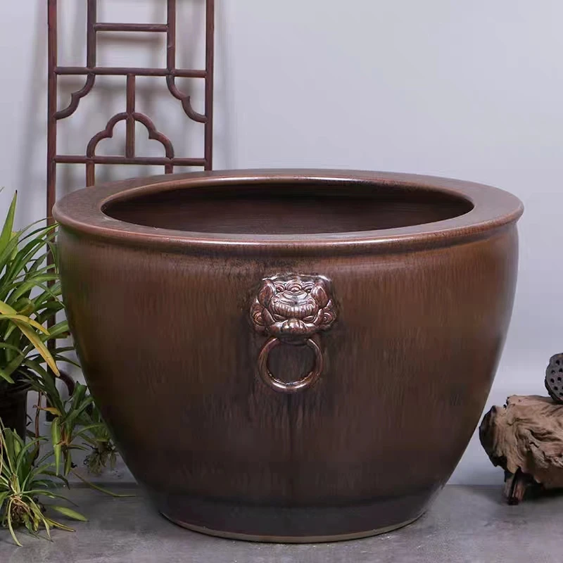 【41*25cm古铜双耳狮头】景德镇古铜双耳狮头陶瓷大缸送实木底座