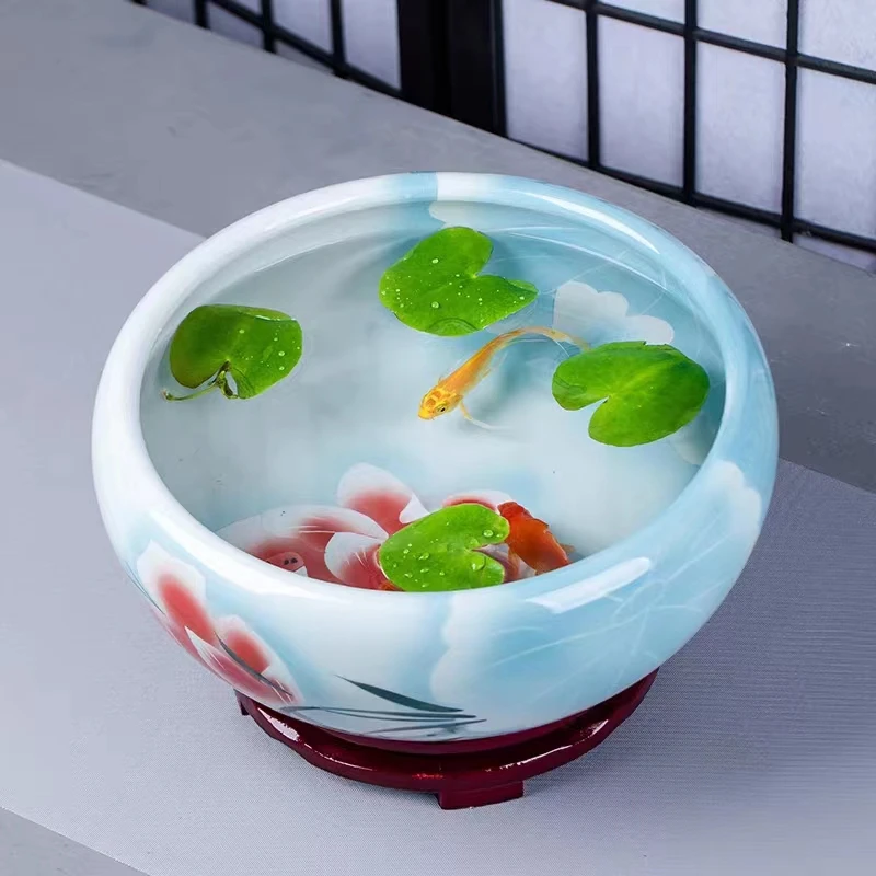 【40*17cm天蓝红荷】景德镇天蓝红荷浅盆送实木底座