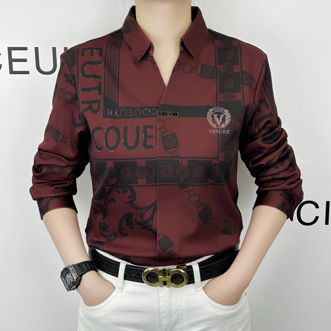 【椒江婷姐男装】新款高定加绒烫钻印花男士个性显瘦百搭长袖衬衫