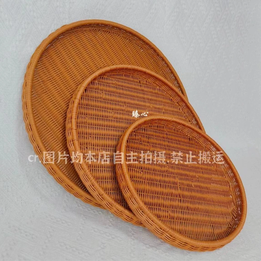 S5仿藤纯手工编织家用圆形简约陈列晒筐、圆盘、餐厅托盘