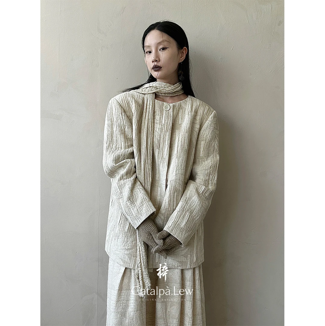 CatalpaLew「四水禅庭」腔调穿搭亚麻棉壳籽西装夹棉夹克 #C8554
