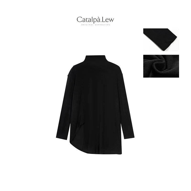 CatalpaLew「椿山空」腔调穿搭立裁半高领常规黑色系绒衫 #C7053