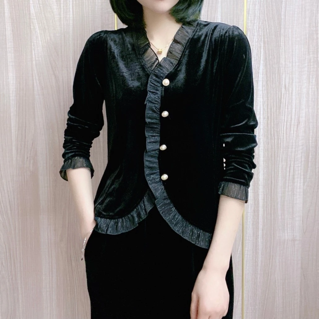 锦绣女装 2023春季新款气质显瘦花边丝绒洋气长袖上衣衬衫