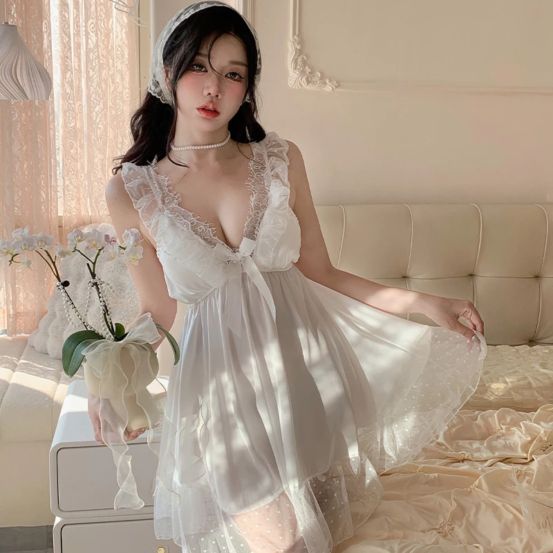 带胸垫睡裙女夏季新款冰丝纯欲风蕾丝高级感v领短裙网纱花边睡衣