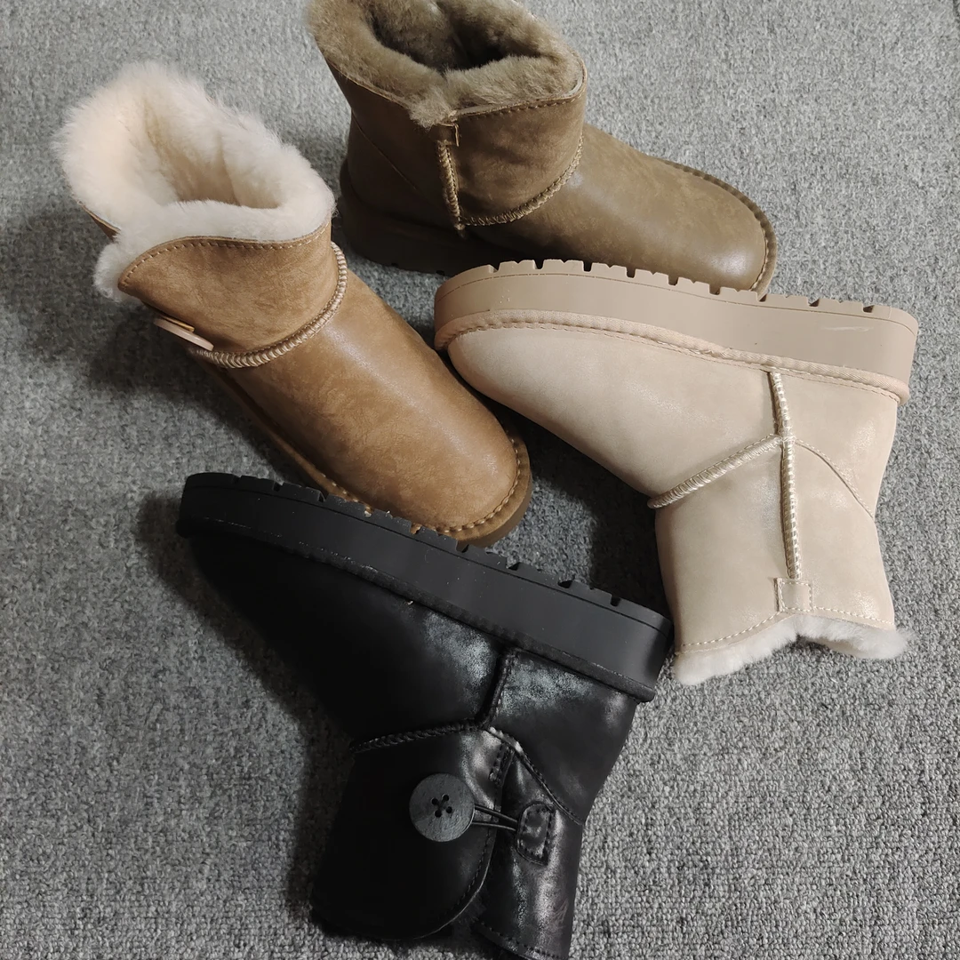 3352皮面新款雪地靴女短筒靴冬季防滑加厚真皮羊毛棉鞋121《3-19》