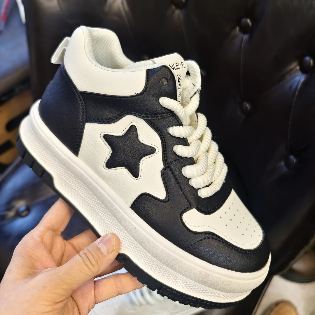 8317真皮欧洲站星星高帮厚底高帮休闲板春季新款增高百搭小白鞋