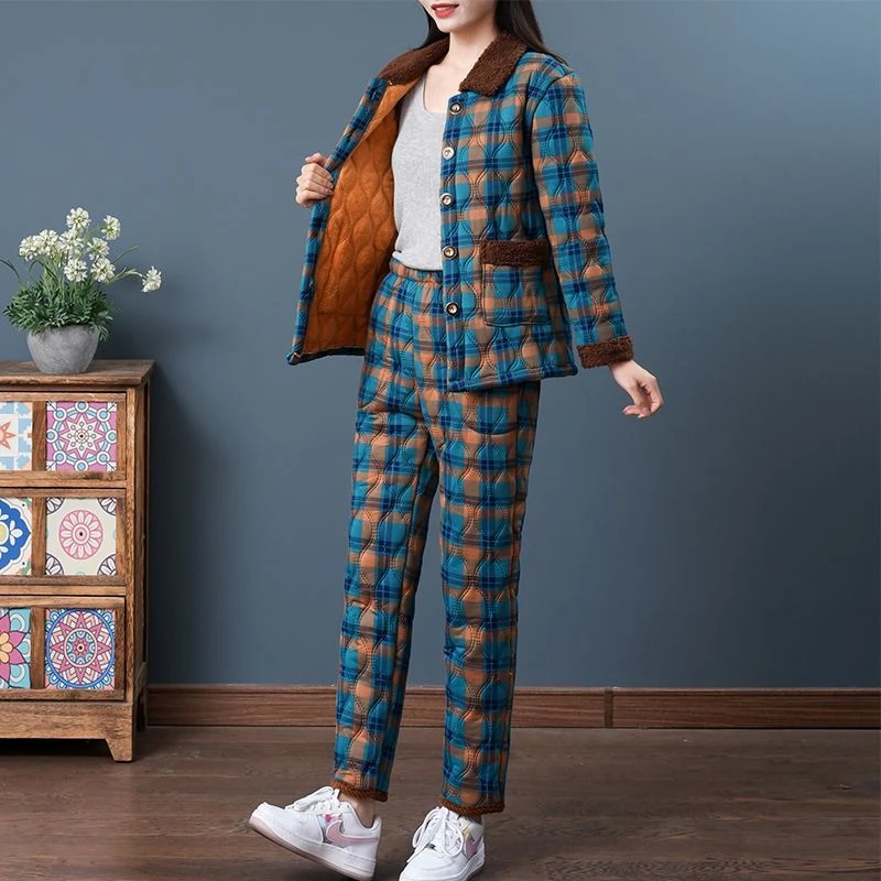 妈妈冬装新款加保暖格子棉衣套装中老年宽松显瘦时尚两件套棉袄