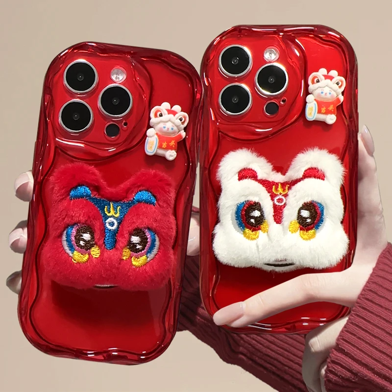 时尚可爱复古家用创意个性卡通轻奢透明简约趣味毛绒舞狮保护壳