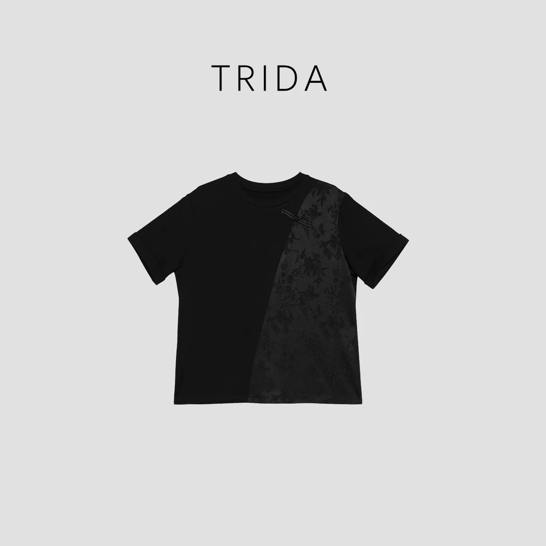【Trida】两色圆领短袖设计款新中式棉质拼接休闲T恤9516B