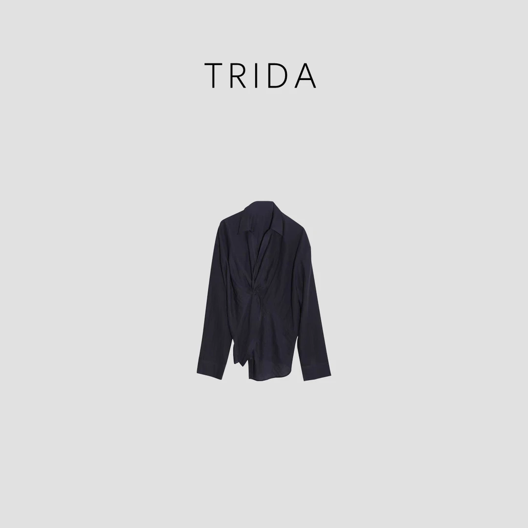 【Trida】两色翻领长袖设计款天丝混纺褶皱休闲衬衫9807L