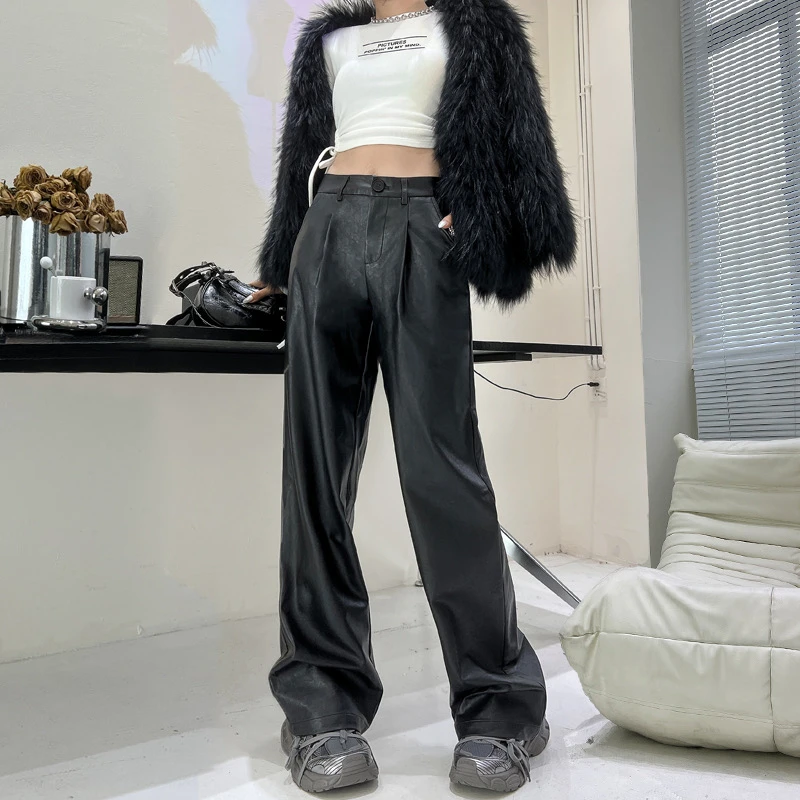 美式复古皮裤高腰黑色高个子阔腿裤子女直筒2024年秋冬季休闲长裤