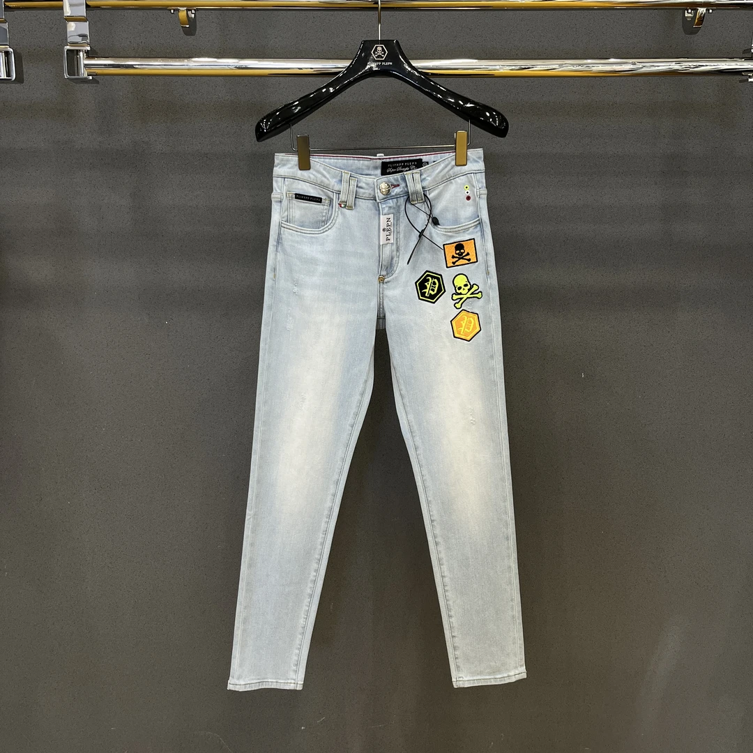 PLIPHPP PLEPN夏季 马卡蓝 刺绣水洗修身显瘦高奢男牛仔裤子6688