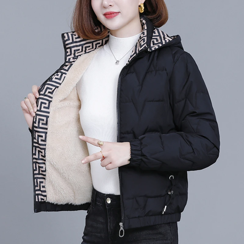 加绒加厚棉服2024冬季时尚保暖棉衣可拆卸帽子女士短棉百搭袄棉袄