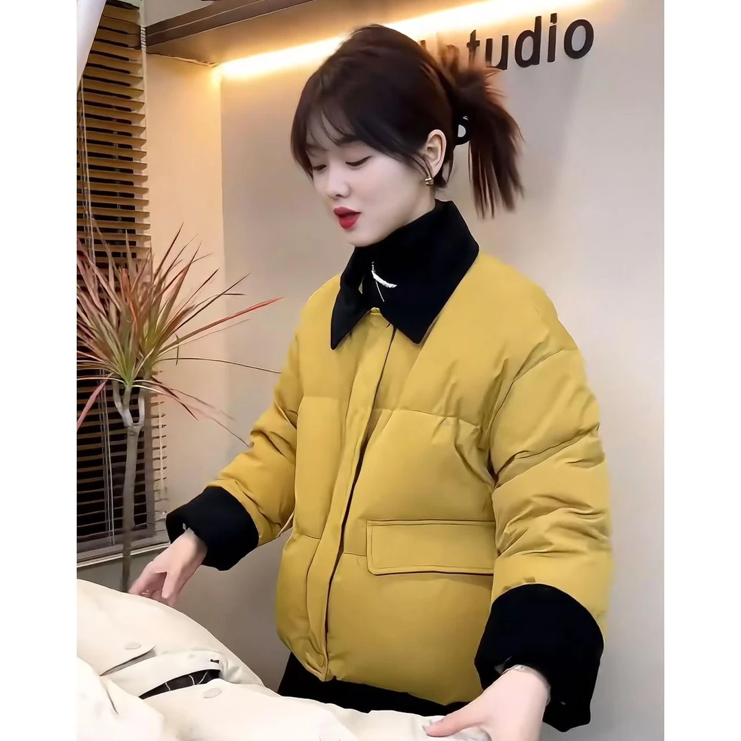 【遇见她】网红撞色翻领棉服外套2024冬季新款时尚短款显瘦保暖棉服