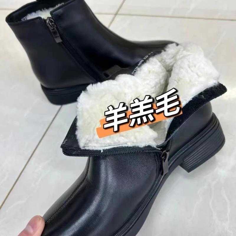 2186羊皮羊毛靴年秋季新款百搭女鞋圆头粗跟侧拉链款式纯色女靴