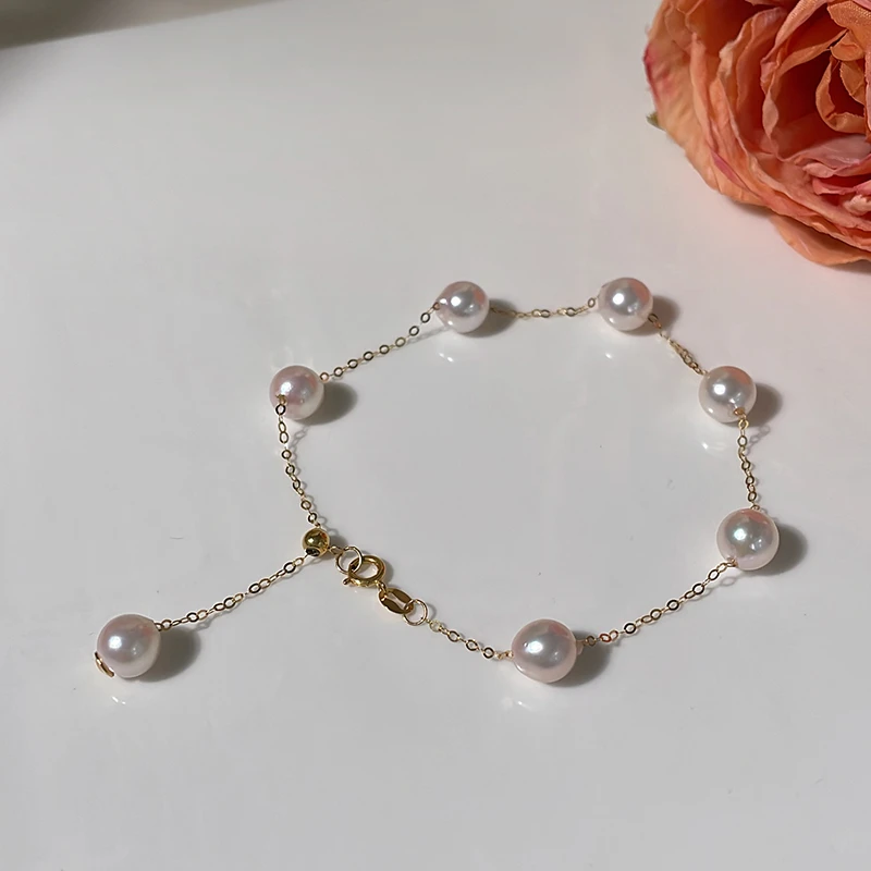 3莫氏akoya天然海水珍珠 6-7mm 手链手串 18K金镶嵌经典百搭精致