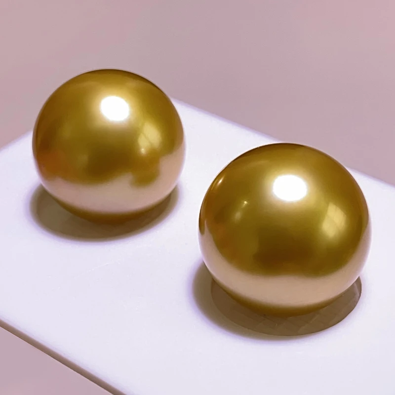 莫氏南洋金色裸珠对珠天然海水珍珠（2颗）定制可找客服未镶嵌圆