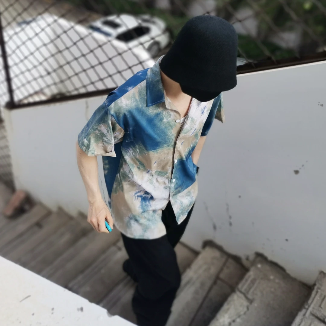 水墨扎染色印花垂感轻薄短袖衬衫