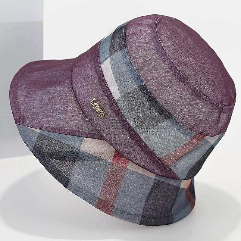 帽子女春夏天格子优雅盆帽妈妈气质透气渔夫帽防晒出游时尚太阳帽