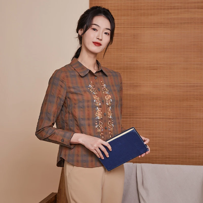 MCCX40布符春秋原创复古格子刺绣时尚印花女士小众百搭长袖休闲