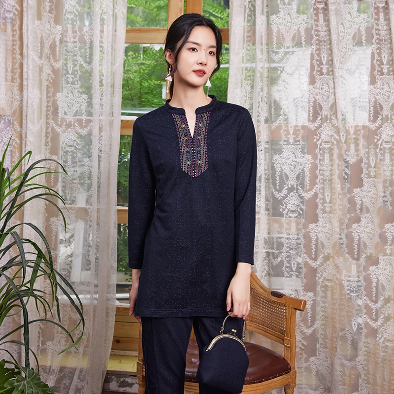 KDCXYM4布符绣花长袖上衣中长款女装秋冬新款复古原创设计