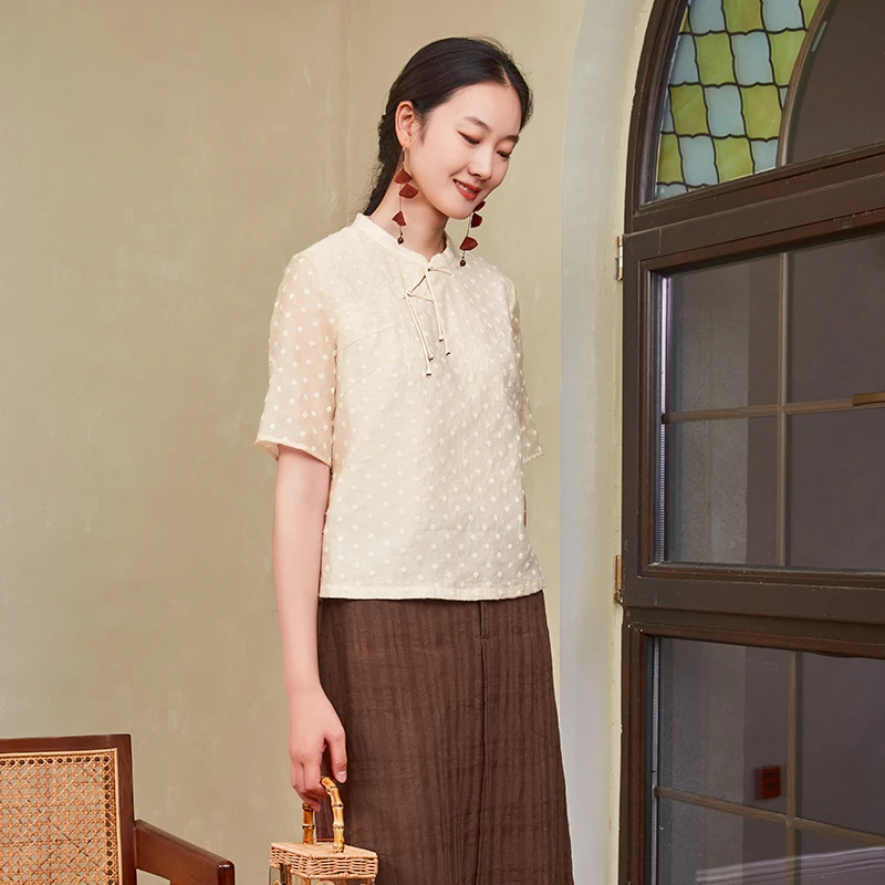 MXQPS37布符夏季新款百搭中式领半开襟流苏扣女国风旗袍上衣