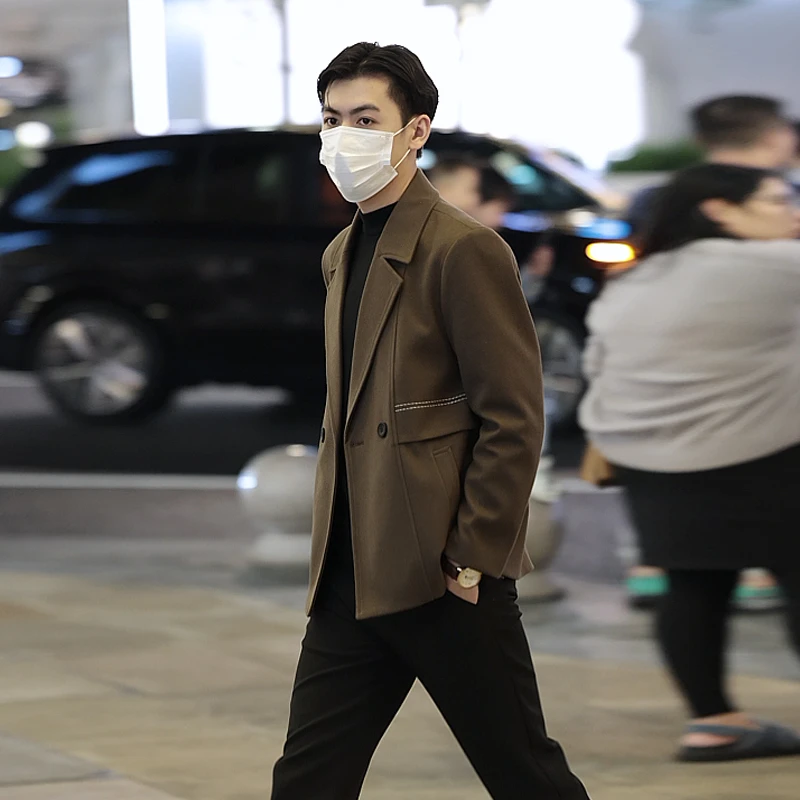 秋冬装男生毛呢风衣外套潮流单排扣帅气百搭上衣韩版休闲风衣男